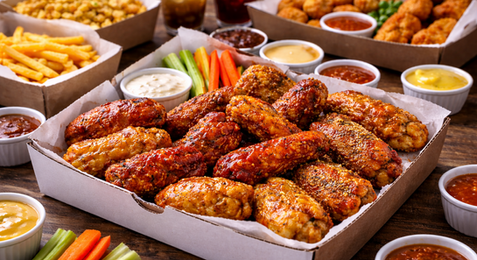Chicken wings with celery, carrots, and dipping sauces