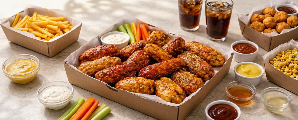 Assorted chicken wings, celery, carrots, and dipping sauce.