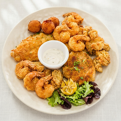 Fried seafood platter with shrimp, fish, hush puppies