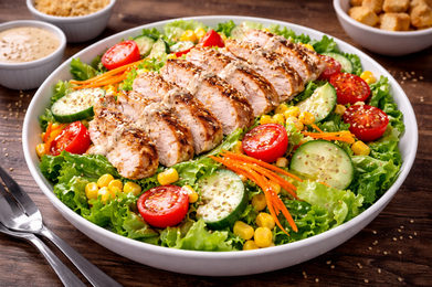 Grilled chicken salad with lettuce, tomato, cucumber, corn