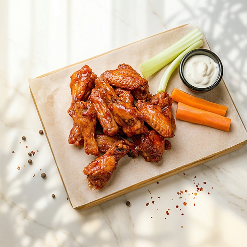 Glazed chicken wings with celery, carrots, and dipping sauce