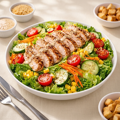 Grilled chicken salad with lettuce, tomato, cucumber, and corn